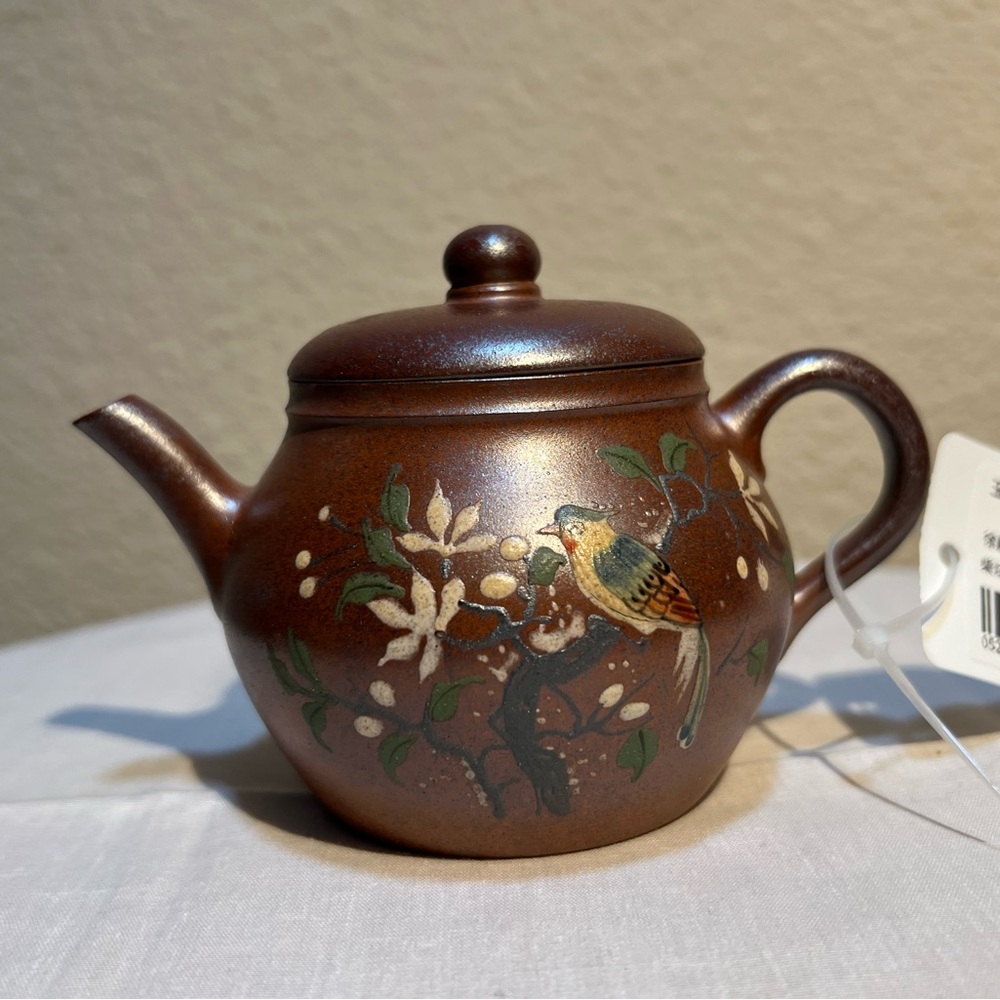 Handcrafted Brown Teapot with Bird Design, authentic Yixing Zisha, wood baked
